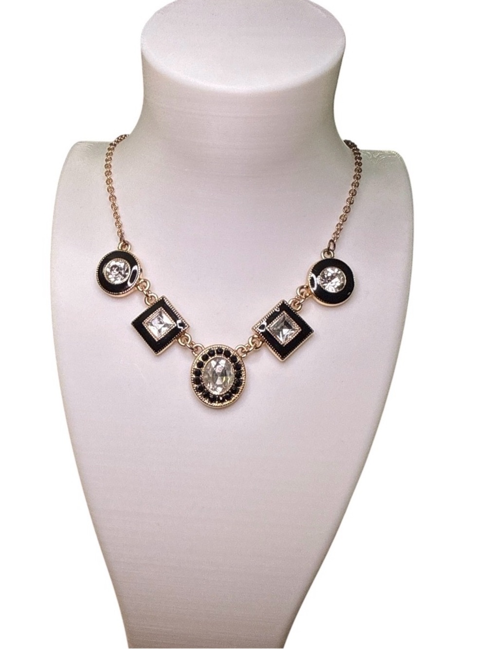 Vintage Liz Claiborne Black Enamel Crystal Art Deco Statement Necklace 17"